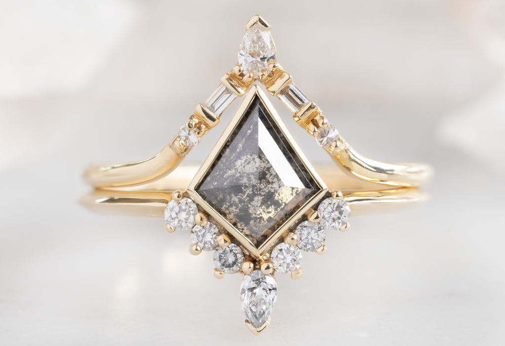 The Aster Ring with a Ktie-Shaped Salt and Pepper Diamond with White Diamond Tiara Stacking Band