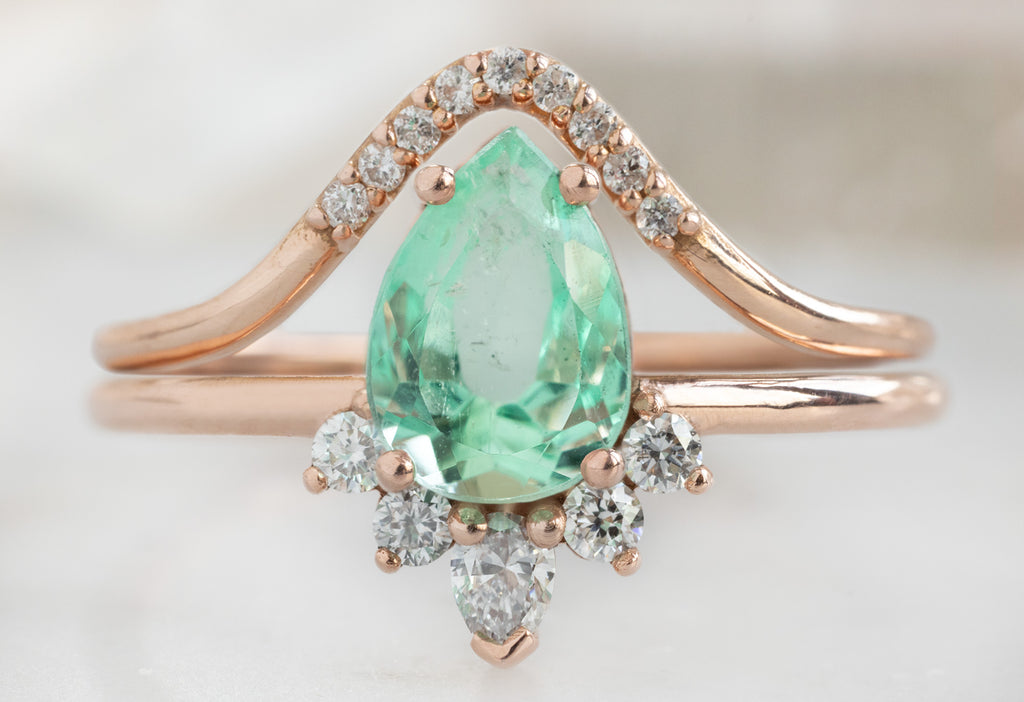 The Aster Ring with a Pear-Cut Emerald with Pavé Peak Diamond Stacking Band