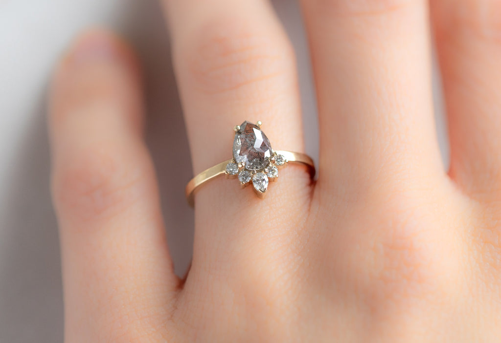 The Aster Ring with a Rose-Cut Grey Diamond on Model