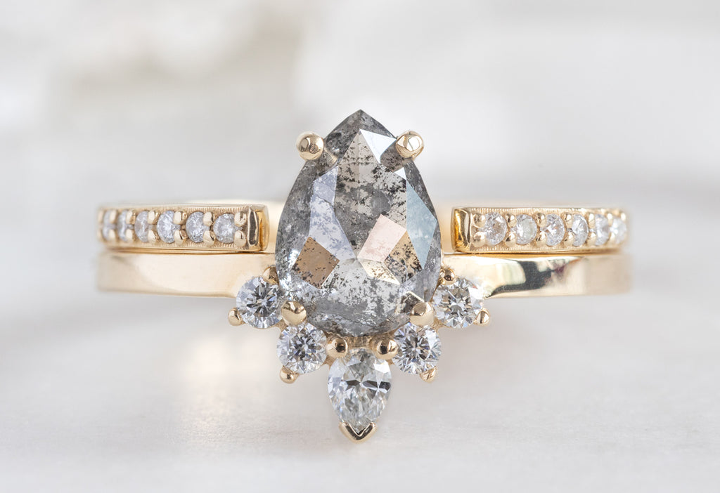 The Aster Ring with a Rose-Cut Grey Diamond with Open Cuff Pavé Diamond Stacking Band