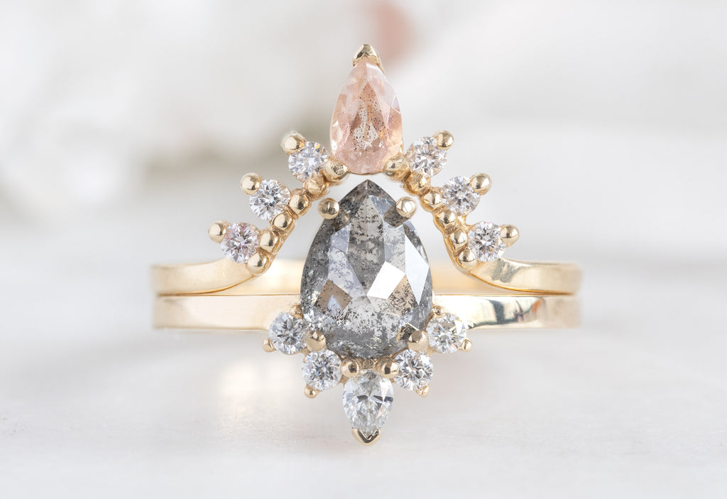The Aster Ring with a Rose-Cut Grey Diamond with Sunstone and Diamond Sunburst Stacking Band