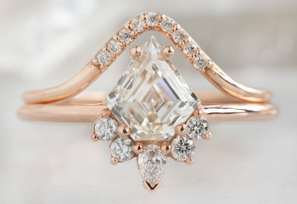 The Aster Ring with a Shield-Cut White Diamond with Pavé Peak Stacking Band