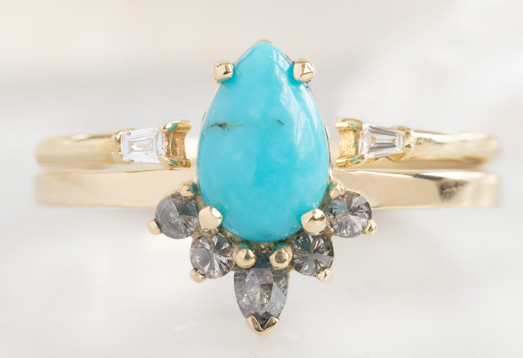 The Aster Ring with a Sleeping Beauty Pear Shaped Turquoise with Open Cuff Baguette Stacking Band