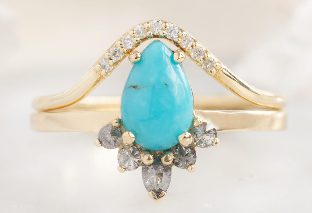 The Aster Ring with a Sleeping Beauty Pear Shaped Turquoise with Pavé Arc Stacking Band