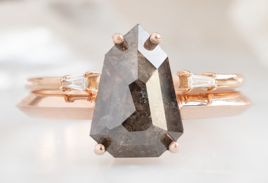 The Bryn Ring with a Black Geometric Diamond with Open Cuff Baguette Stacking Band