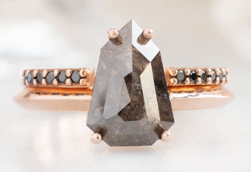 The Bryn Ring with a Black Geometric Diamond with Open Cuff Black Pavé Stacking Band