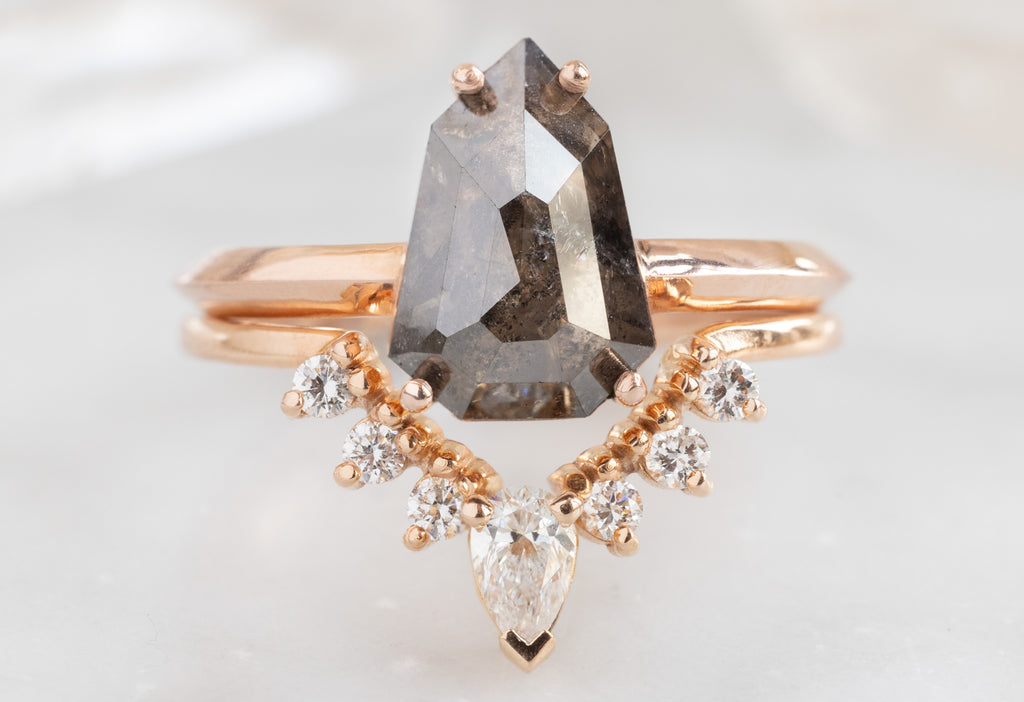 The Bryn Ring with a Black Geometric Diamond with White Diamond Sunburst Stacking Band