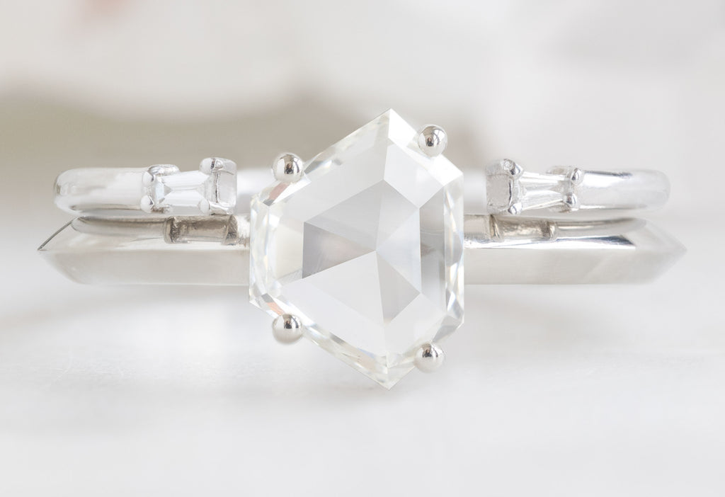 The Bryn Ring with a Geometric White Diamond with Open Cuff Baguette Stacking Band