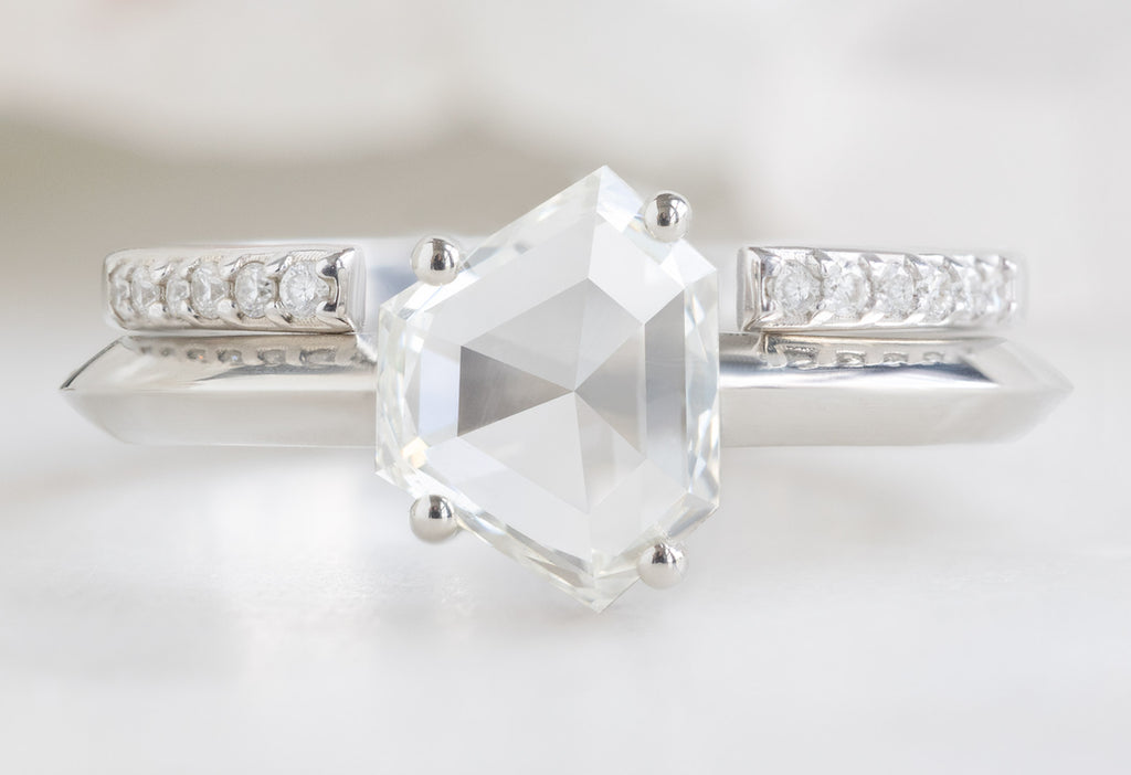 The Bryn Ring with a Geometric White Diamond with Open Cuff Pavé Diamond Stacking Band