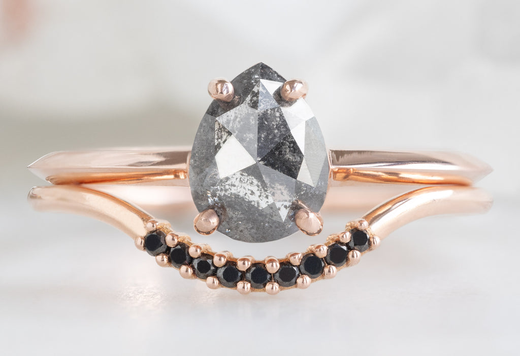 The Bryn Ring with a Rose-Cut Black Diamond with Black Pavé Diamond Stacking Band