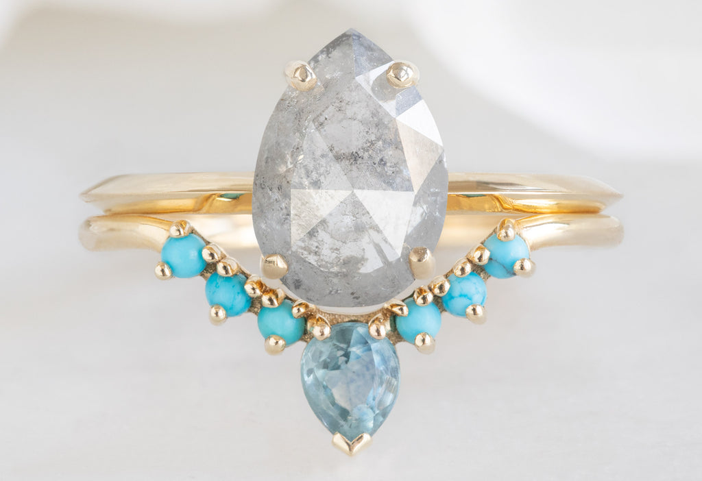 The Bryn Ring with a Rose-Cut Icy-White Diamond with Sapphire and Turquoise Sunburst Stacking Band