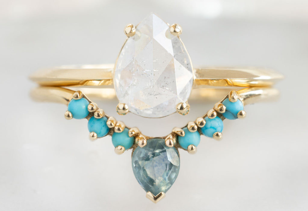 The Bryn Ring with a Rose-Cut Icy White Diamond with Turquoise and Sapphire Sunburst Stacking Band