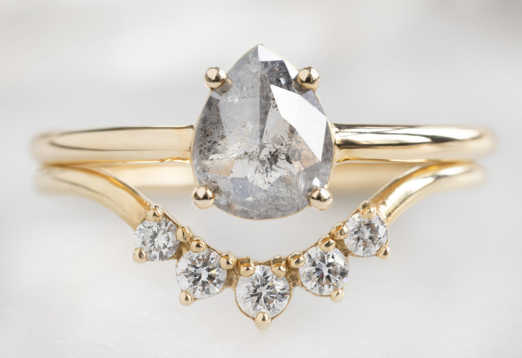 The Bryn Ring with a Rose-Cut Salt and Pepper Diamond with Round Diamond Sunburst Stacking Band