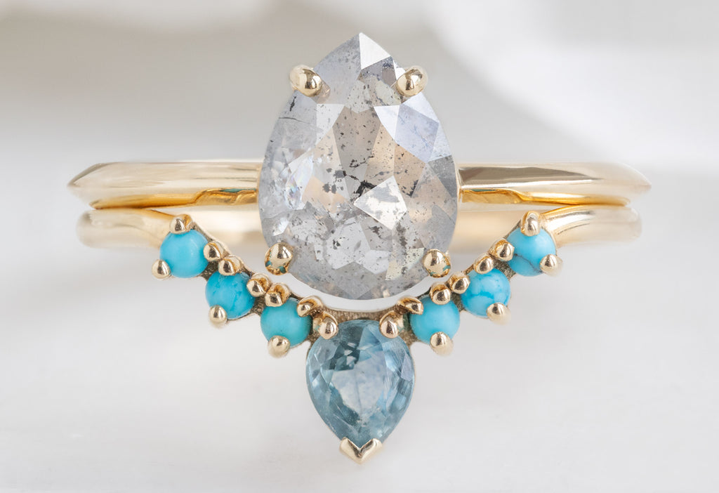 The Bryn Ring with a Rose-Cut Salt and Pepper Diamond with Turquoise and Montana Sapphire Sunburst Stacking Band