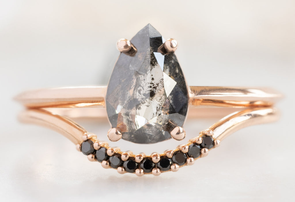 The Bryn Ring with a Rose-Cut Salt and Pepper Diamond with Black Pavé Arc Stacking Band
