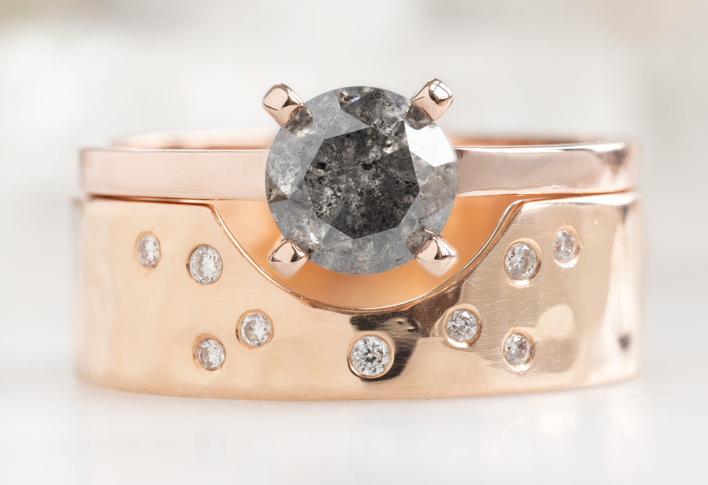 The Bryn Ring with a Round-Cut Salt and Pepper Diamond with Constellation Cut-Out Stacking Band