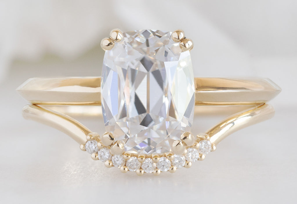 The Bryn Ring with an Old Mine Cut Lab Grown Diamond with the Pavé Diamond Arc Stacking Band