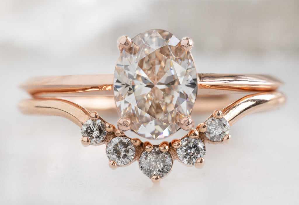 The Bryn Ring with an Oval-Cut Champagne Diamond with Round Diamond Sunburst Stacking Band