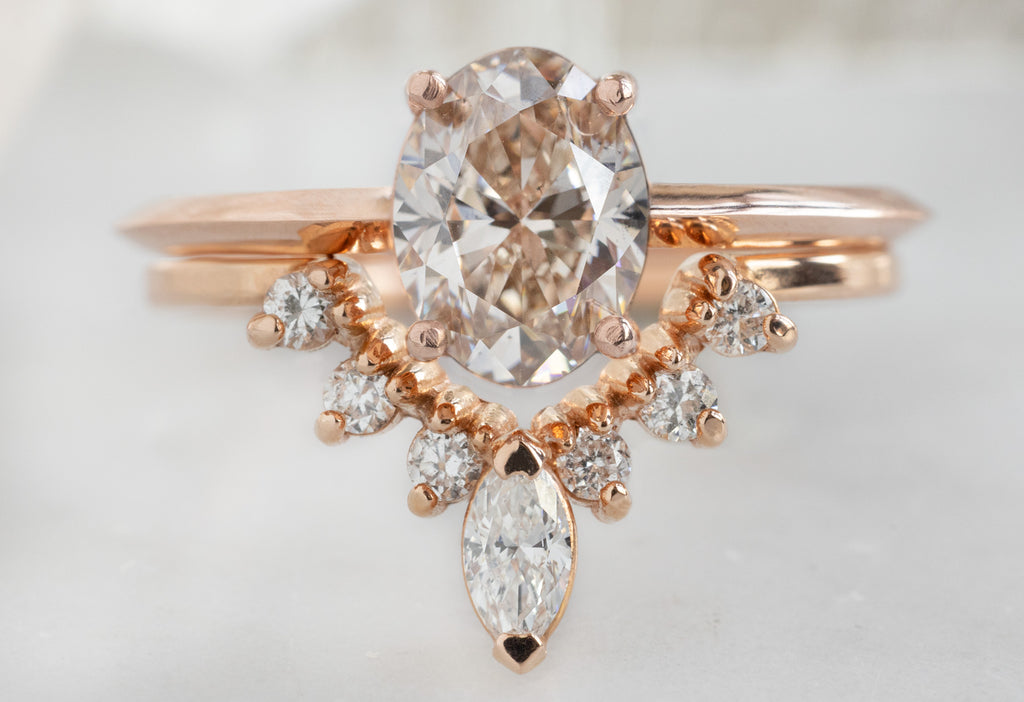 The Bryn Ring with an Oval-Cut Champagne Diamond with White Diamond Sunburst Stacking Band