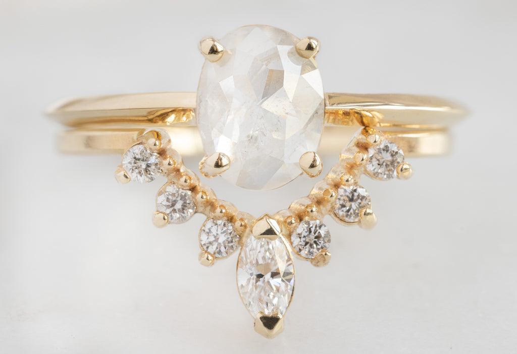 The Bryn Ring with an Oval-Cut Icy-White Diamond with White Diamond Sunburst Stacking Band