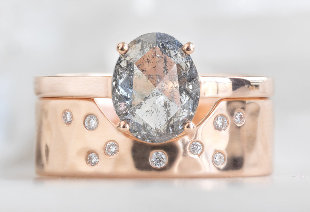 The Bryn Ring with an Oval-Cut Salt and Pepper Diamond with Constellation Cut-Out Stacking Band