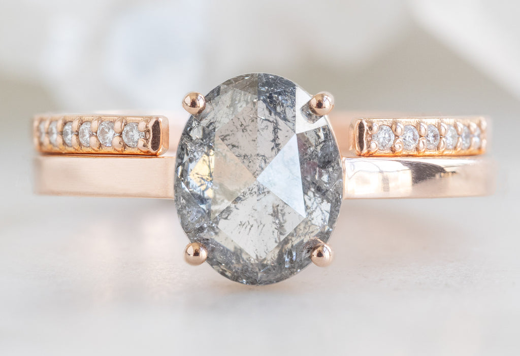 The Bryn Ring with an Oval-Cut Salt and Pepper Diamond with Open Cuff Pavé Diamond Stacking Band