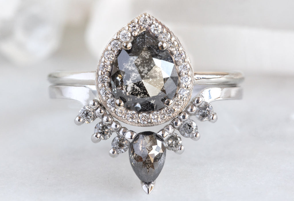 The Dahlia Ring with a Rose-Cut Black Diamond with Black Diamond Sunburst Stacking Band