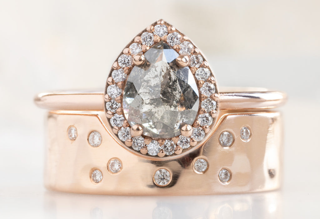 The Dahlia Ring with a Rose-Cut Salt and Pepper Diamond with Constellation Cut-Out Stacking Band