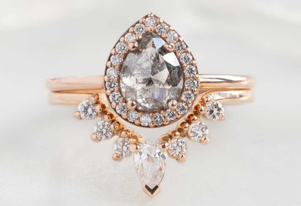 The Dahlia Ring with a Rose-Cut Salt and Pepper Diamond with White Diamond Sunburst Stacking Band