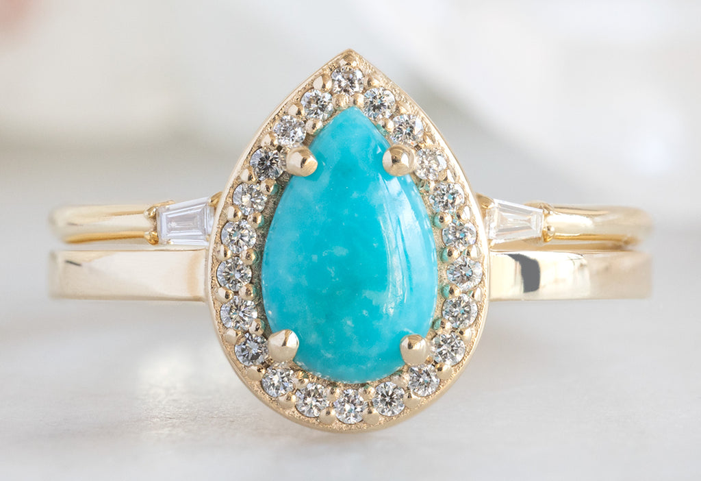 The Dahlia Ring with a Sleeping Beauty Turquoise with Open Cuff Baguette Stacking Band