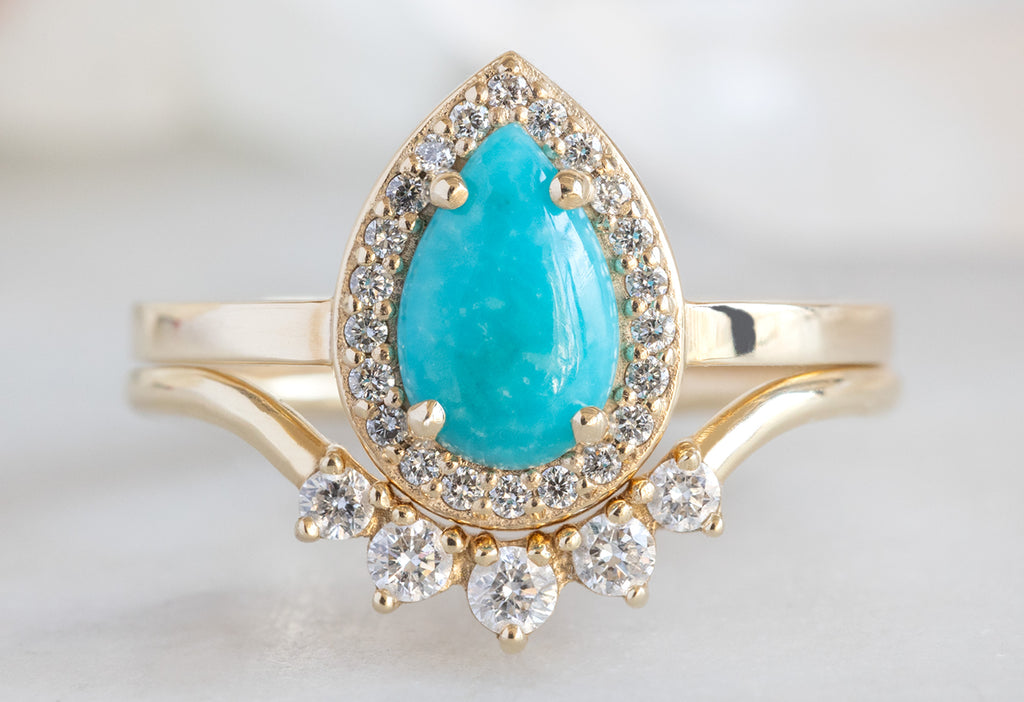 The Dahlia Ring with a Sleeping Beauty Turquoise with Round Diamond Sunburst Stacking Band