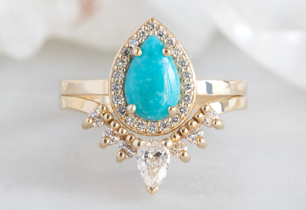 The Dahlia Ring with a Sleeping Beauty Turquoise with White Diamond Sunburst Stacking Band