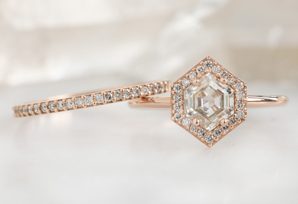 The Dahlia Ring with a Pink Hexagon Diamond with Pavé Diamond Wedding Band