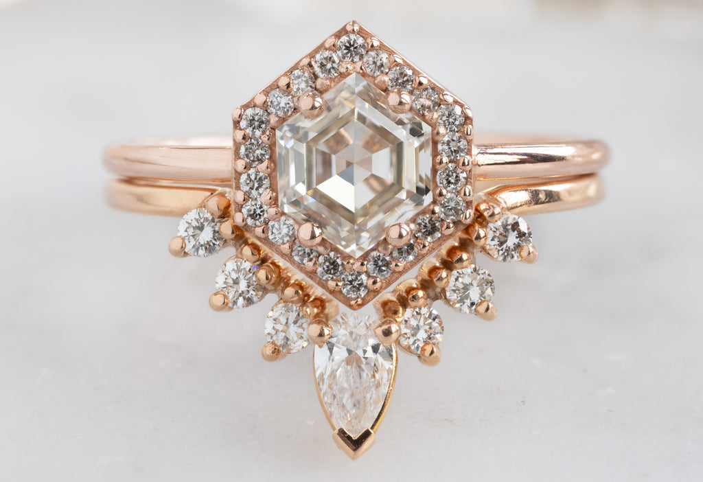 The Dahlia Ring with a Pink Hexagon Diamond with White Diamond Sunburst Stacking Band