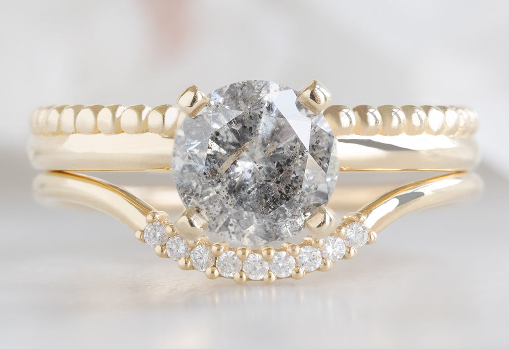 The Duo Beaded Band Ring with a Round Salt and Pepper Diamond with Pavé Diamond Arc Stacking Band