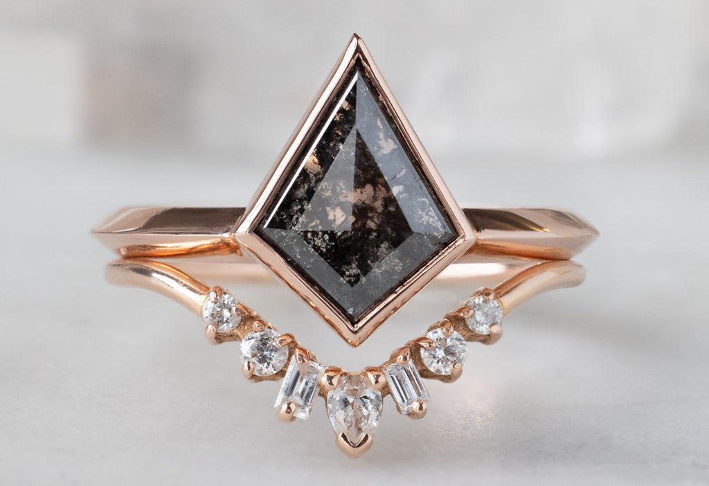 The Hazel Ring with a Kite-Shaped Black Diamond with Geometric White Diamond Sunburst Stacking Band