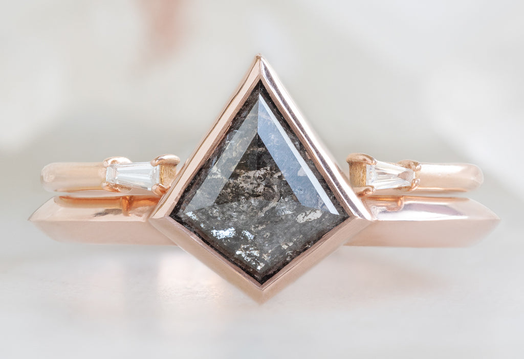 The Hazel Ring with Kite-Shaped Black Diamond with Open Cuff Baguette Diamond Stacking Band