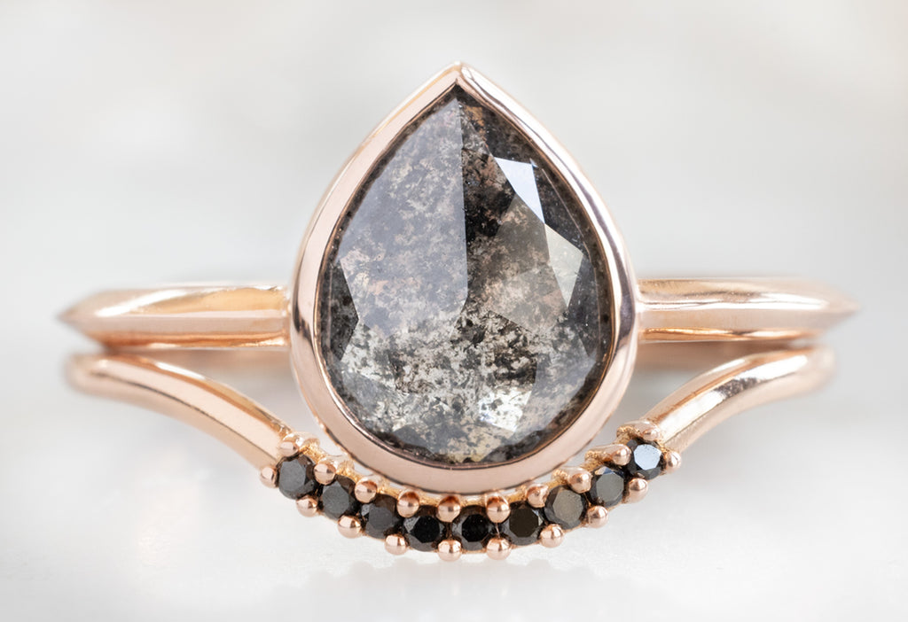 The Hazel Ring with a Rose-Cut Black Diamond with Black Pavé Arc Stacking Band
