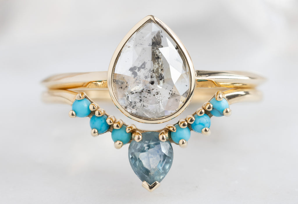 The Hazel Ring with a Rose-Cut Salt and Pepper Diamond with Sapphire and Turquoise Sunburst Stacking Band