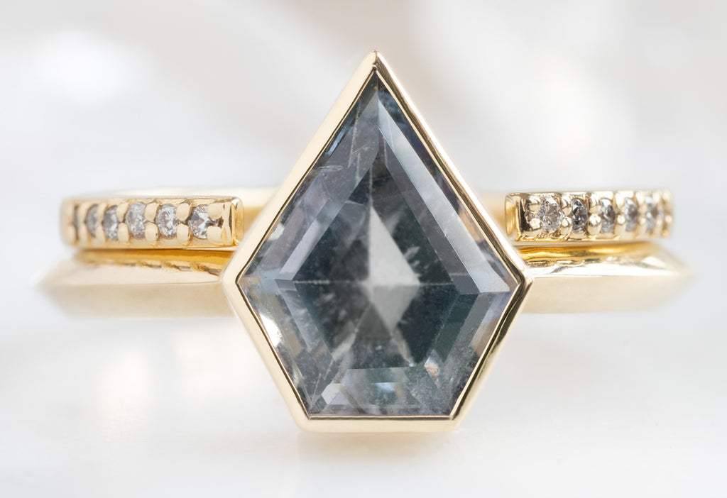 The Hazel Ring with a Shield-Cut Sapphire with Open Cuff Pavé Diamond Stacking Band