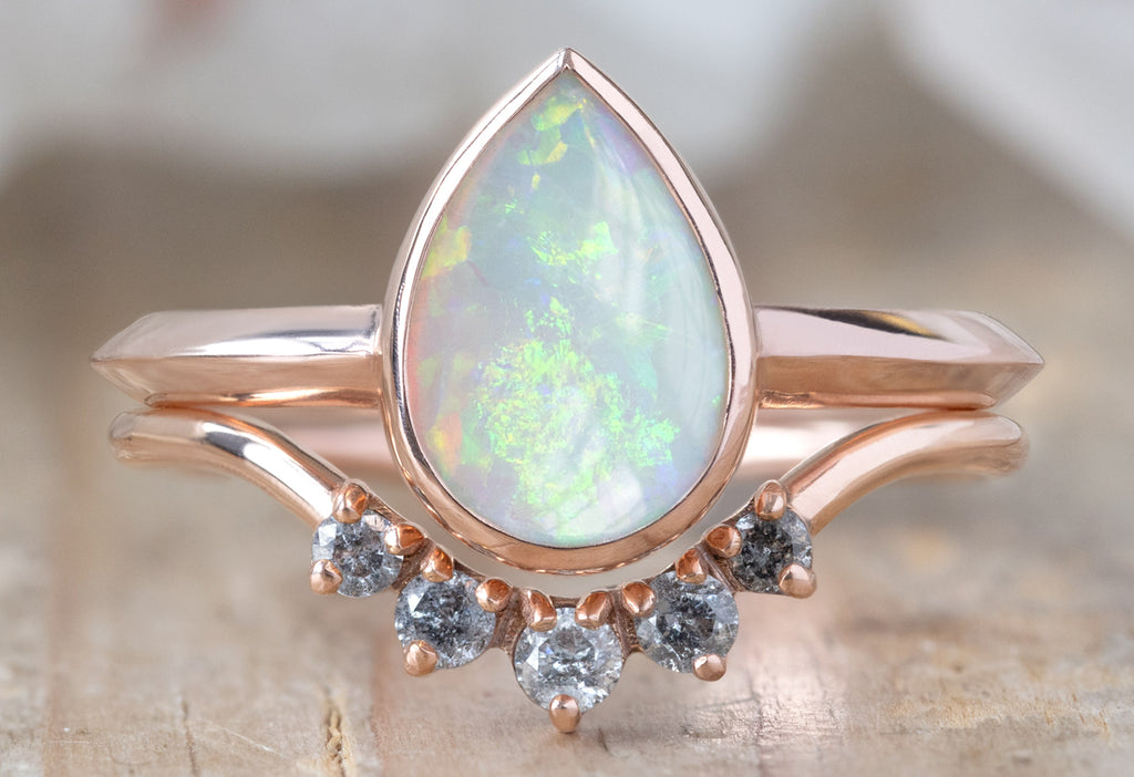 The Hazel Ring with an Australian Opal with Round Diamond Sunburst Stacking Band
