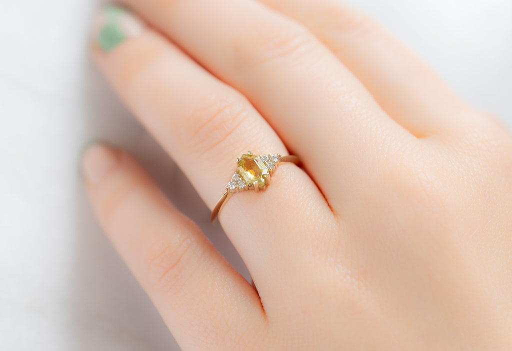The Ivy Ring with a Bicolor Sapphire Hexagon on Model