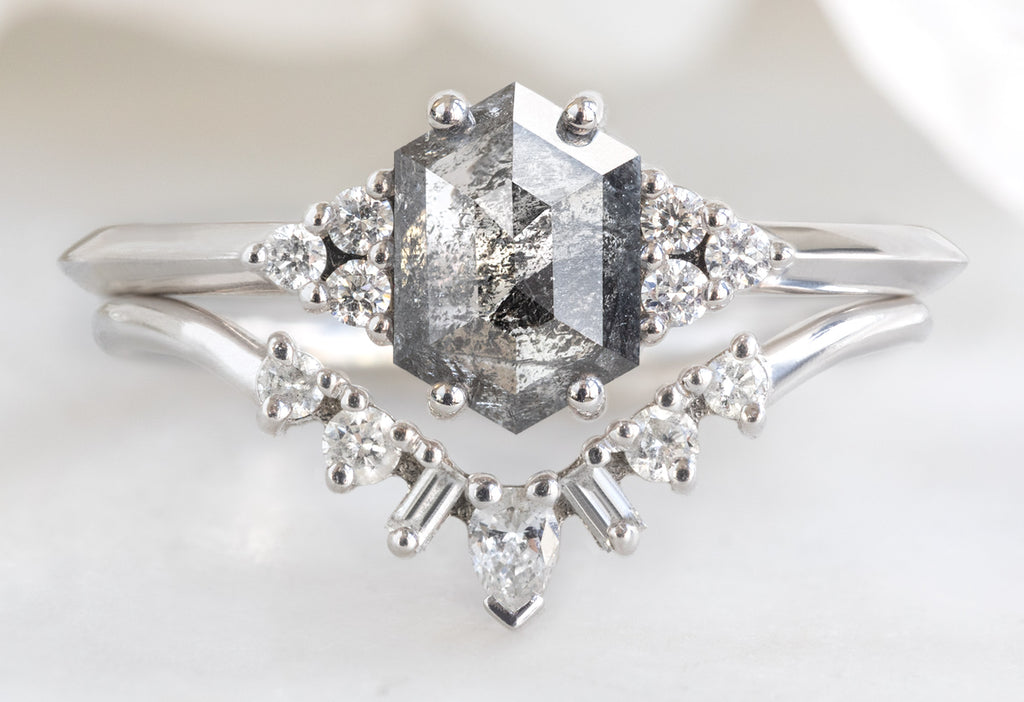 The Ivy Ring with a Black Hexagon Diamond with Geometric Diamond Sunburst Stacking Band
