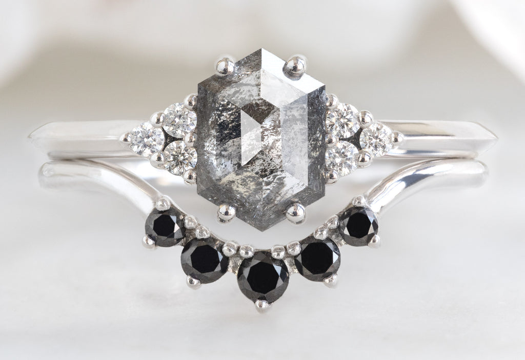 The Ivy Ring with a Black Hexagon Diamond with Round Diamond Sunburst Stacking Band