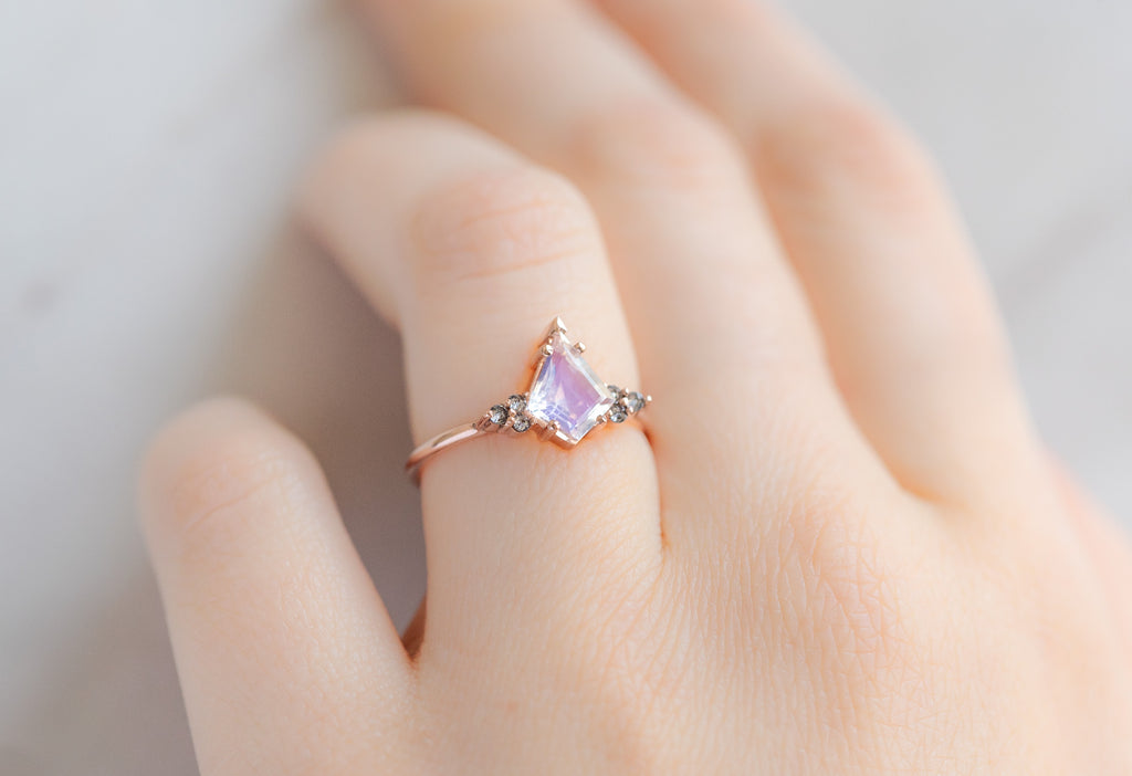 The Ivy Ring with a Kite-Shaped Moonstone on Model