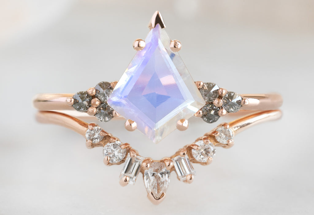 The Ivy Ring with a Kite-Shaped Moonstone with Geometric White Diamond Sunburst Stacking Band