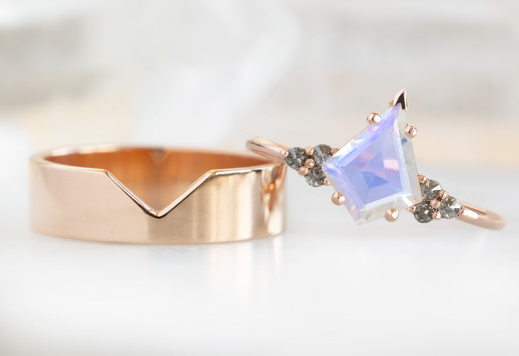 The Ivy Ring with a Kite-Shaped Moonstone with the Gold Cut-Out Stacking Band