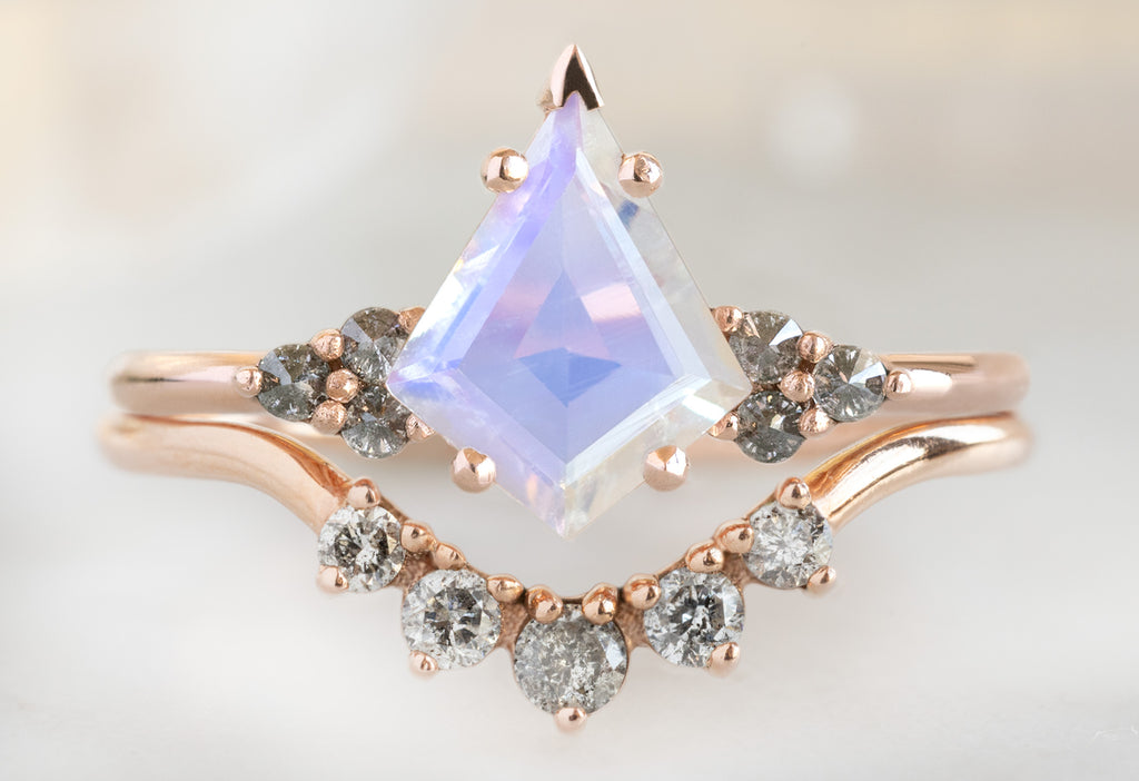 The Ivy Ring with a Kite-Shaped Moonstone with the Round Diamond Sunburst Stacking Band