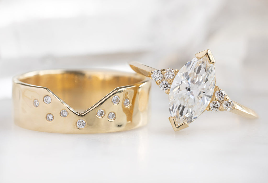 The Ivy Ring with a Lab Grown Marquise Diamond with the Constellation Cut-Out Stacking Band