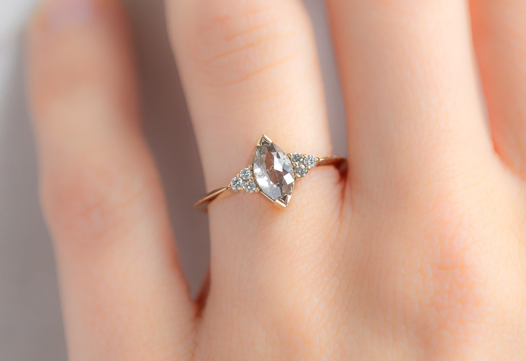 The Ivy Ring with a Marquise-Cut Salt and Pepper Diamond on Model